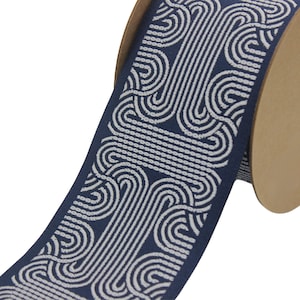 2.7&quot; Embroidery Curtain Trim, Dark Blue and White Jacquard Ribbon for Curtains, Drapery Banding, Drapery Trim Tape, Woven Border 205 V7