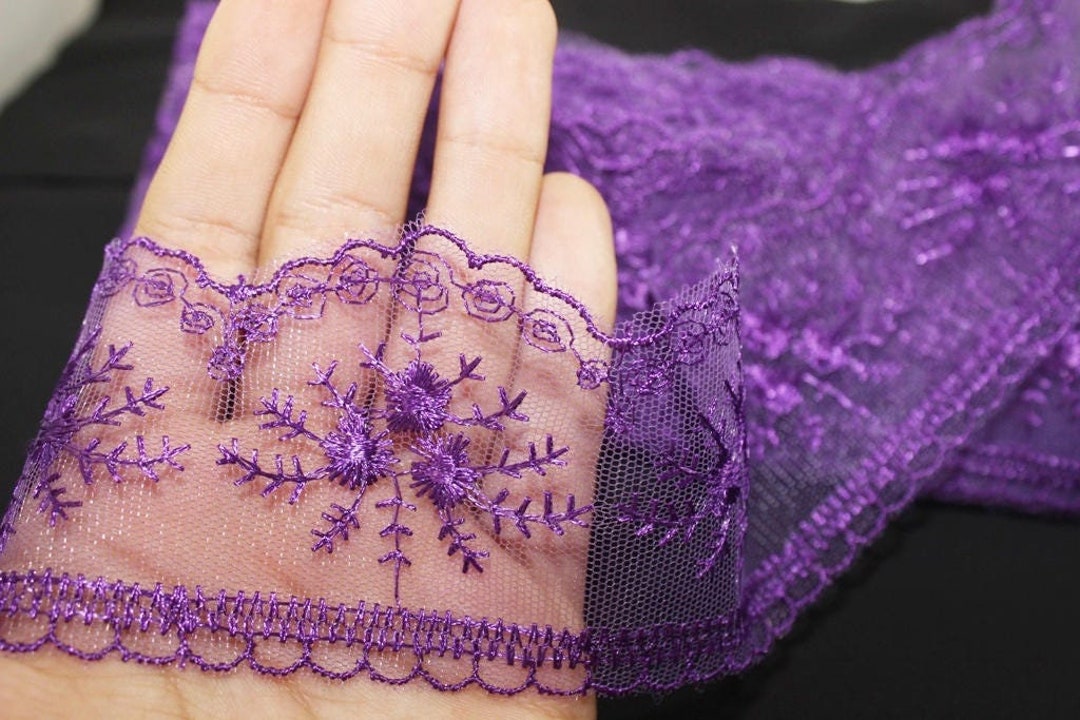 GORGECRAFT Purple Floral Lace Trim - 5 Yards 7.5 Inch Wide Embroidered Tulle