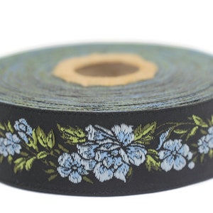 25 mm Sky Blue Black Floral Jacquard trim, 0.98 inches, vintage Ribbon, Decorative Craft Ribbon, Floral Jacquard Ribbon, Trim, ribbon, 25096