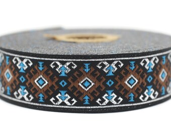 25 mm Brown/Light Blue Snowy Jacquard trim (0.98 inches), vintage Ribbon, Decorative Craft Ribbon, Sewing, Jacquard ribbon, Trim, 25953