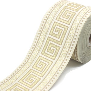 Cinta Jacquard de llave griega de oro metálico y crema de 70 mm (2,75 pulgadas), banda de ajuste de cortinas, cinta tejida, ribete de costura 70057