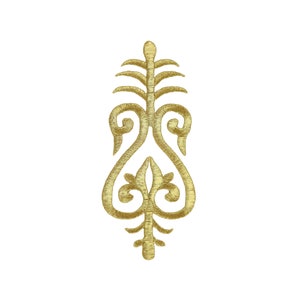 Puede incluir: Un diseño decorativo de color dorado con un motivo floral. El diseño es intrincado y detallado, con un punto central y líneas fluidas.
