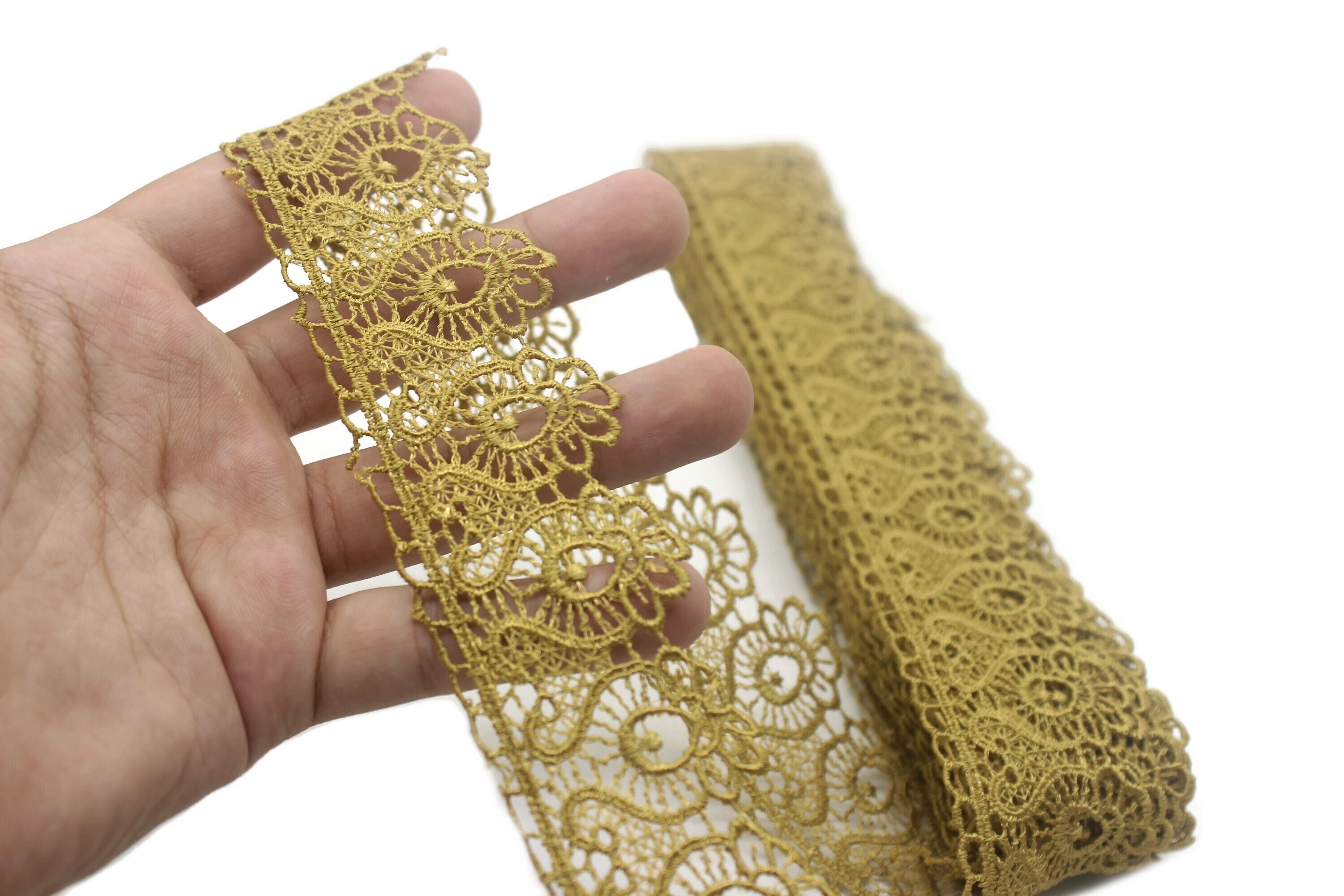 Gold Lace Ribbon Trim, Gold Embroidery Lace Trim for Sewing, Heart Metallic Crafts Decor Trim Fabric (Gold, 0.5 IN5 Yards)