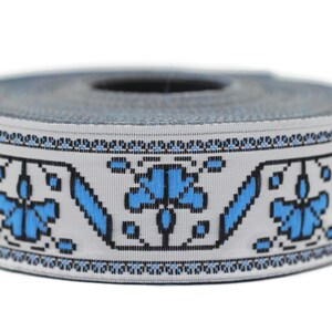 25 mm Blue White Clove Flower Ribbon (0.98 inches), clove trim, jacquard trim, fabric wide trims, craft supplies, vintage trim, 25986