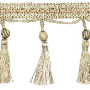 115 mm Light Brown Tassel Fringe Trim, 4.52 inc Gimp Header, lampshade trim by the yard, Fringe for Drapery, Tassel trim, Curtain  Rosa05 V2