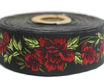 35 mm Red / Black Floral Jacquard trim (1.37 inches, vintage Ribbon, Decorative Craft Ribbon, Floral Jacquard Ribbon, towel trim, 35096