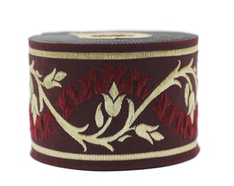 50 mm Gold&Red Tulips Jacquard Ribbons, Tulips Ribbons 1.96 inches, Jacquard Trim, Sewing Trims, Flower Ribbons, Embroidered Ribbons, 50094