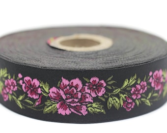 25 mm Pink Black Floral Jacquard trim (0.98 inches), vintage Ribbon, Decorative Craft Ribbon, Floral Jacquard Ribbon, Trim, 25096