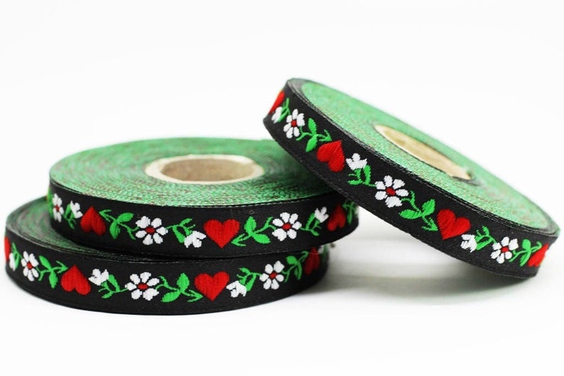 12 mm Black&White Heart Jacquard ribbons (0.47 inches), decorative trim, Floral Ribbon, Sewing trim - woven trim - embroidered ribbon
