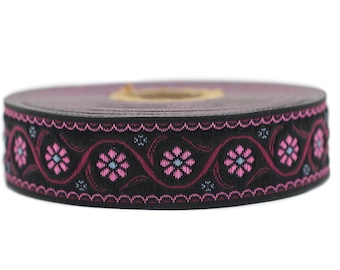 22 mm Pink Floral Embroidered ribbon (0.86 inches), Vintage Jacquard, Floral ribbon, Floral trim, woven jacquard, jacquard ribbons, 22938