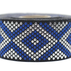 35 mm Blue/Silver Metallic Ribbon, jacquard ribbon trim, chevron trim,  jacquard trim, guitar ribbon, sewing supplies , vintage trim, 35305