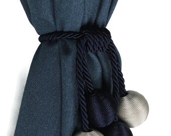 Holdback for curtain, rustic tie curtains, rope tie back, curtain tie, Navy Blue and White curtain treatment, curtain holder, tiebacks