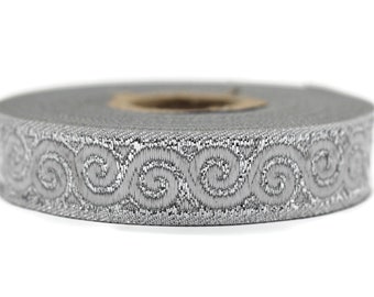 16 mm Grey&Silver Jacquard ribbons (0.62 inches, Elegance Jacquard trim, Sewing, Jacquard Trim, woven ribbons, dog collars, 16061