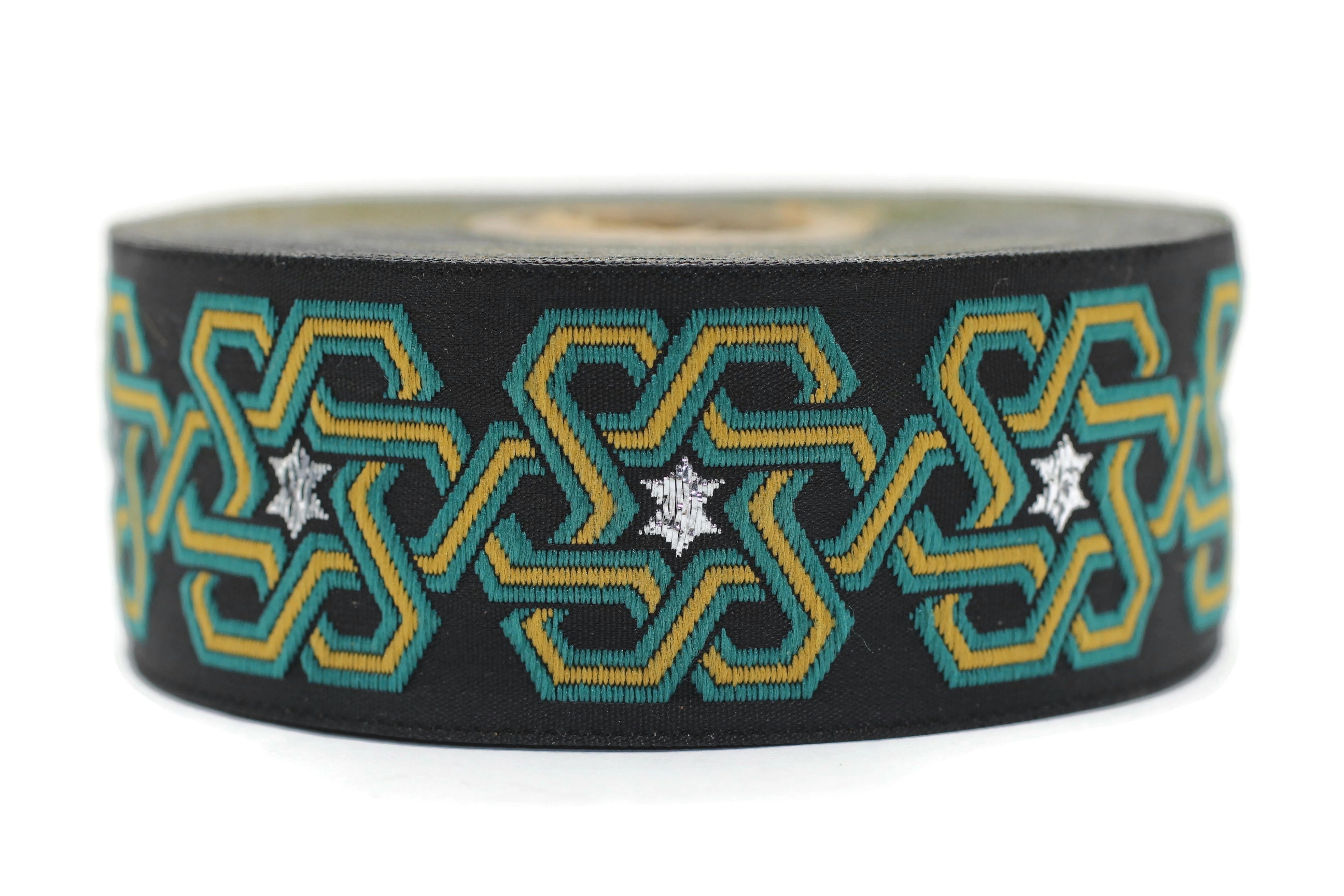 35 mm Stars motive Green jacquard Ribbons (1.37 inches), ribbon trim, jacquard trim, craft supplies, trim for collar,  ribbon, 35974