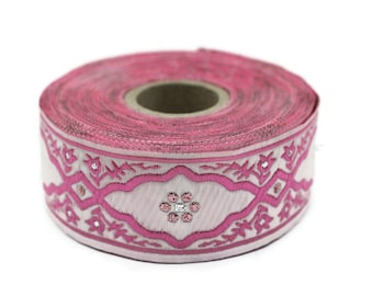 35 mm Andalusia Pink Jacquard ribbon, (1.37 inches), trim by the yard, Embroidered ribbon, Sewing trim, Scroll Jacquard trim, 35800