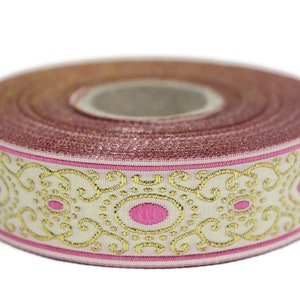 22 mm Pink White authentic Jacquard ribbon (0.86 inches), woven ribbon, authentic ribbon, Sewing, Scroll Jacquard trim, 22805