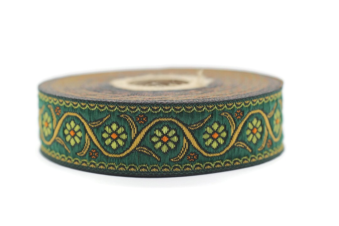 22 Mm Green Floral Embroidered Ribbon (0.86 Inches), Vintage Jacquard ...