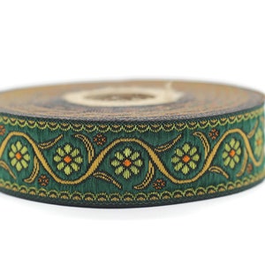 Cinta bordada con flores verdes de 22 mm (0,86 pulgadas), Jacquard vintage, cinta floral, adorno floral, jacquard tejido, cintas jacquard, 22938
