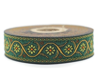 22 mm Green Floral Embroidered ribbon (0.86 inches), Vintage Jacquard, Floral ribbon, Floral trim, woven jacquard, jacquard ribbons, 22938