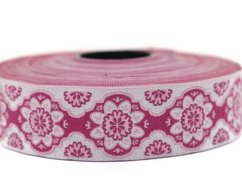 25 mm Pink Floral ribbon, Jacquard ribbon, 0.98 inches, Decorative ribbon, Craft Ribbon, Jacquard trim, costume ribbon, sewing trim, 25707