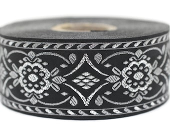 35 mm Black/Grey jacquard ribbon (1.37 inches),  Vintage ribbon, geometric ribbon, dog collar supplies, ribbon trim, 35948