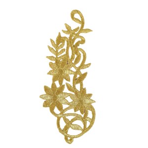 May include: Gold embroidered floral applique with intricate details. The design features three flowers and leaves, perfect for adding a touch of elegance to clothing or crafts.