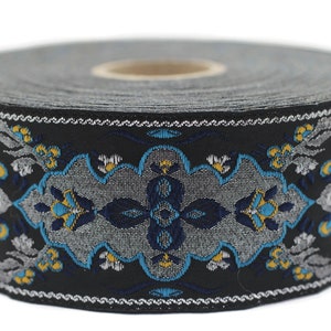 40 mm Blue and Black European Motif Jacquard Ribbon 1.57 inches, Woven Trim, Decorative Craft Ribbon, Vintage Clothing Sewing Trims 40591