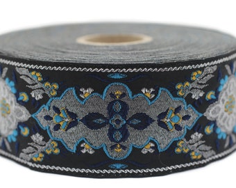 40 mm Blue and Black European Motif Jacquard Ribbon 1.57 inches, Woven Trim, Decorative Craft Ribbon, Vintage Clothing Sewing Trims 40591