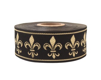 Fleur de Lis Jacquard Trim by the Yard, Black and Gold Ribbon for Renaissance, Royal Costumes, Sewing, Crafts, Historical Projects CNK36