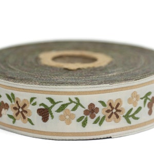 22 mm Brown White Floral Jacquard ribbons (0.86 inches, woven ribbon, authentic ribbon, Sewing, Scroll Jacquard trim, vintage ribbons, 22947