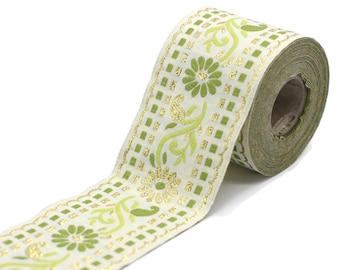 50 mm Green/ White Floral Jacquard trim (1.96 inches), vintage Ribbon, Craft Ribbon, Floral Jacquard Ribbon Trim, Ribbon by the yards 50095
