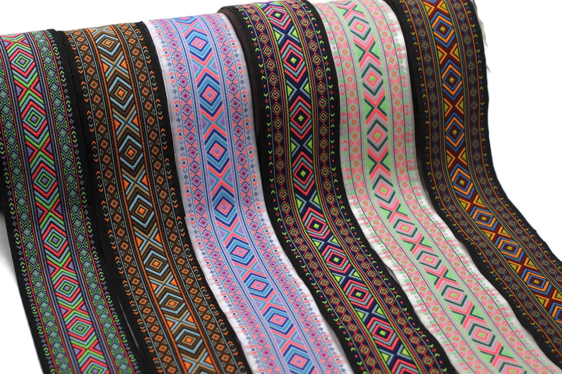 50 Mm Blue&orange African Motif Ribbon (1.96 Inches), Vintage Jacquard ...