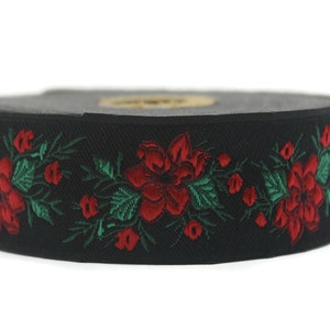 35 mm Red Black Floral jacquard ribbon (1.37 inches),  Vintage ribbon, floral ribbon, dog collar supplies, ribbon trim, rose ribbon 35330