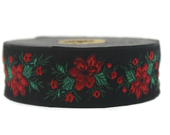 35 mm Red Black Floral jacquard ribbon (1.37 inches),  Vintage ribbon, floral ribbon, dog collar supplies, ribbon trim, rose ribbon 35330