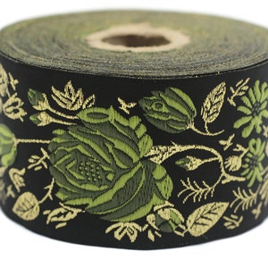 50 mm グリーン / ブラック フローラル ジャカード トリム (1.96 インチ) ローズ刺繍リボン、装飾クラフトリボン、ジャカード リボン トリム、50089