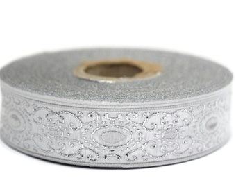 22 mm Grey/white authentic Jacquard ribbon (0.86 inches), woven ribbon, authentic ribbon, Sewing, Scroll Jacquard trim, 22805