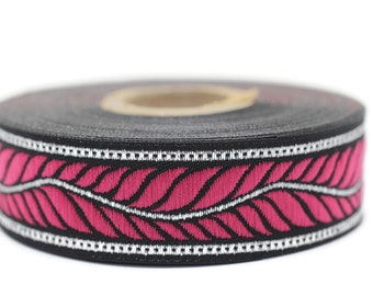 22 mm Pink Feather Ribbon, 0.86 inches, jacquard ribbons, jacquard trim, Dog Collar Ribbon, ribbon trim, vintage trim, craft ribbons, 22132
