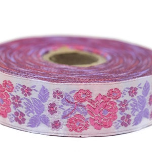22 mm Pink Floral Embroidered ribbon (0.86 inches),  Vintage Jacquard, Floral ribbon, Sewing trim, Jacquard trim, Jacquard ribbon, 22097