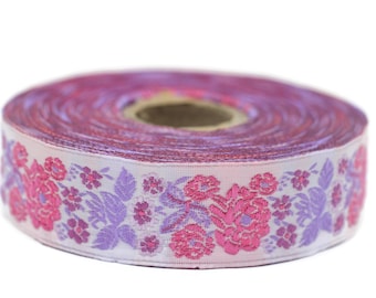 22 mm Pink Floral Embroidered ribbon (0.86 inches),  Vintage Jacquard, Floral ribbon, Sewing trim, Jacquard trim, Jacquard ribbon, 22097