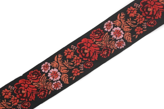 35 Mm Red/black Floral Embroidered Ribbon (1.37 Inches), Trim for