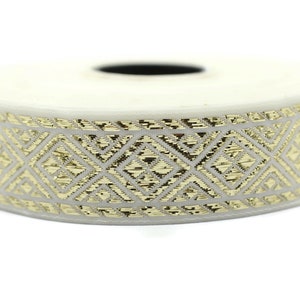 25 mm Cream Gold Geometric ribbon (0.98 inches), Jacquard trim, Sewing, Jacquard ribbons, Trim, golden ribbon, embroidered ribbon, 25008