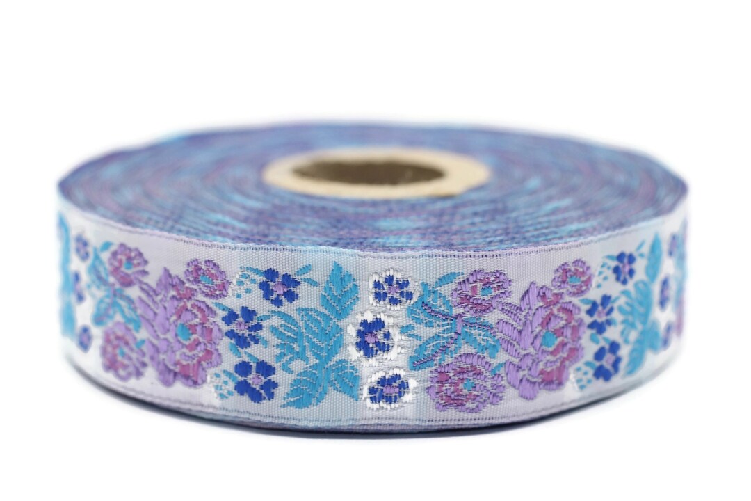 22 Mm Blue Floral Embroidered Ribbon (0.86 Inches), Vintage Jacquard ...