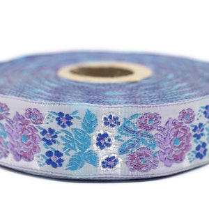22 mm blue Floral Embroidered ribbon (0.86 inches), Vintage Jacquard, Floral ribbon, Sewing trim, Jacquard trim, Jacquard ribbon, 22097