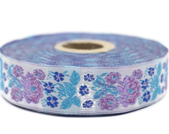 22 mm blue Floral Embroidered ribbon (0.86 inches), Vintage Jacquard, Floral ribbon, Sewing trim, Jacquard trim, Jacquard ribbon, 22097