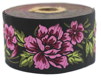 50 mm Pink/ Black Floral Jacquard trim (1.96 inches), vintage Ribbon, Decorative Craft Ribbon, Floral Jacquard Ribbon, Trim, 50096