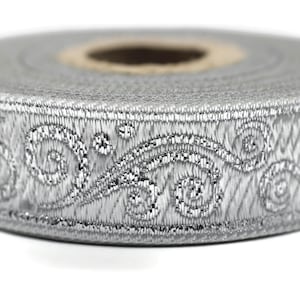 22 mm metallic Silver jacquard ribbons 0.86 inches - Renaissance  embroidered trim,  woven trim, woven border, 22078
