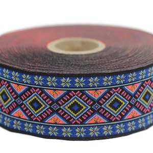 35 mm Blue Geometric Motif Ribbon (1.37 inches), Vintage Jacquard, Sewing Trim, Huge Trim, Large ribbon, Jacquard ribbons, 35996