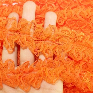 45 mm Orange Pleated Ruffle ,Orange Lace trim, Lettuce Edge Trim, embroidered lace fabric , 1.77 inches lace trim , Tulle Lace Trim , Lace