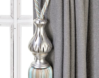 Elegance Curtain Tassel Tiebacks, Blue&Brown Drapery Holdbacks, Rope Tiebacks, curtain hardware, Tassel Length 15" , Spread 35" (90cm)