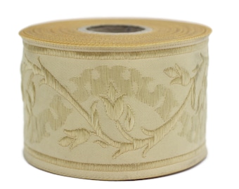 50 mm Beige Tulips Jacquard Ribbons, Tulips Ribbons 1.96 inches, Jacquard Trim, Sewing Trims, Flower Ribbons, Embroidered Ribbons, 50094